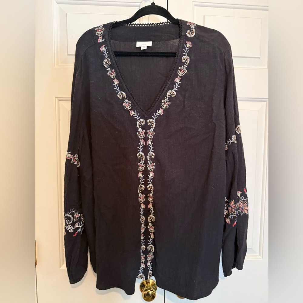 J Jill 2X Embroidered Black Women's Top